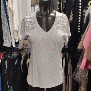 Silver Sequin V-Neck Short Sleeve Top